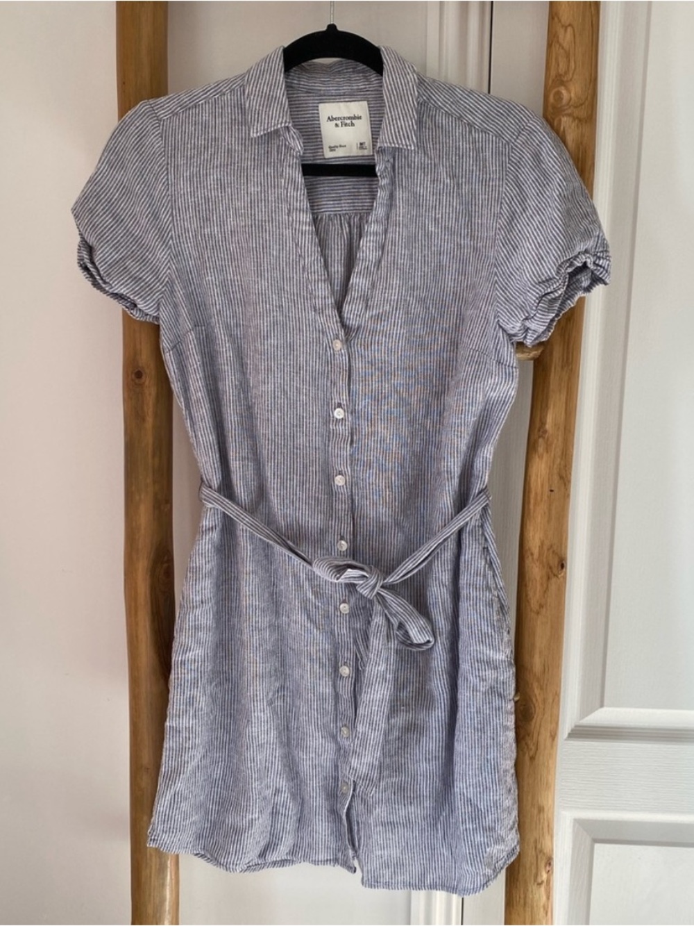 Abercrombie & Fitch Stripe Button-Front Shirt Dress Pinstripe Blue White Sz MT